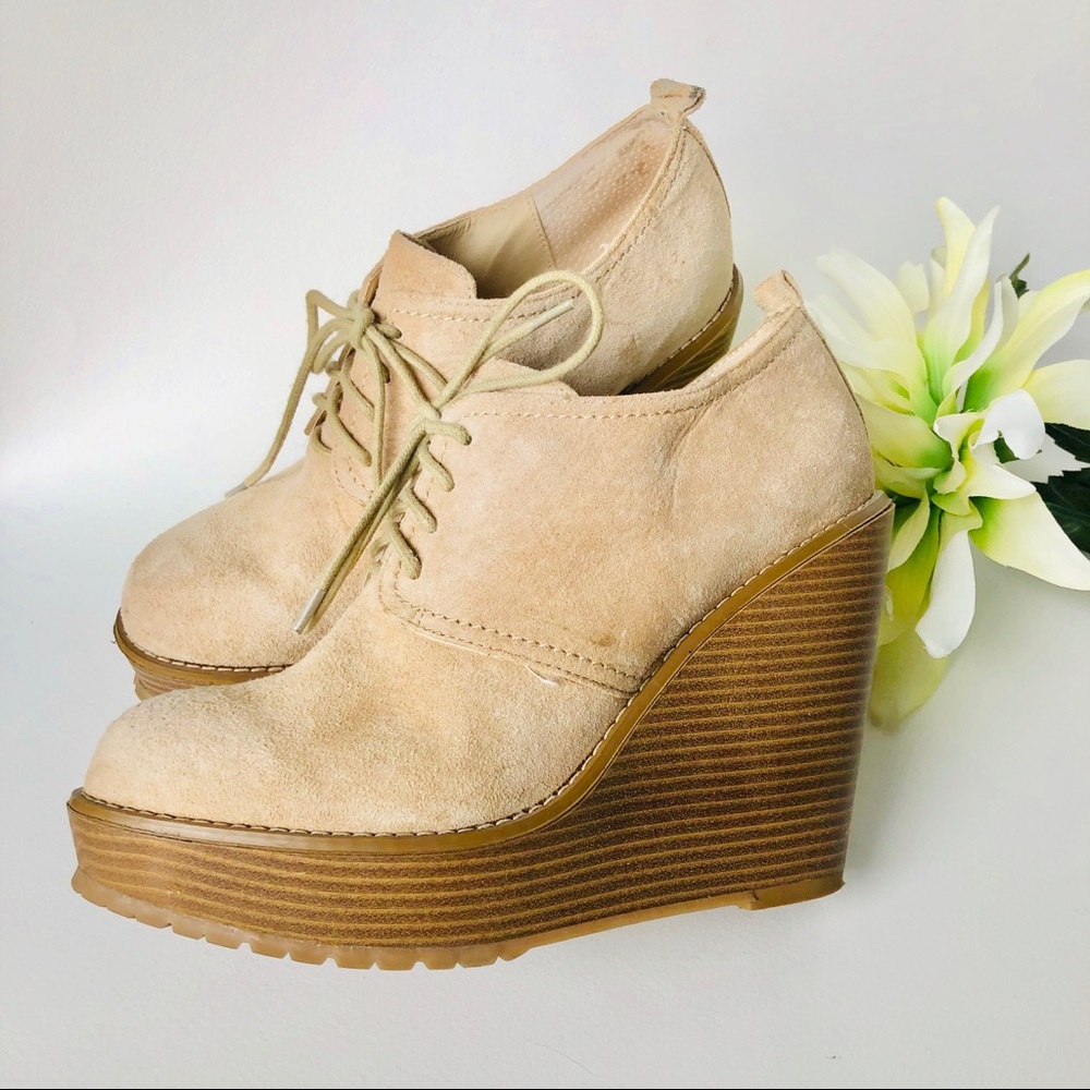 Beige suede wedge booties